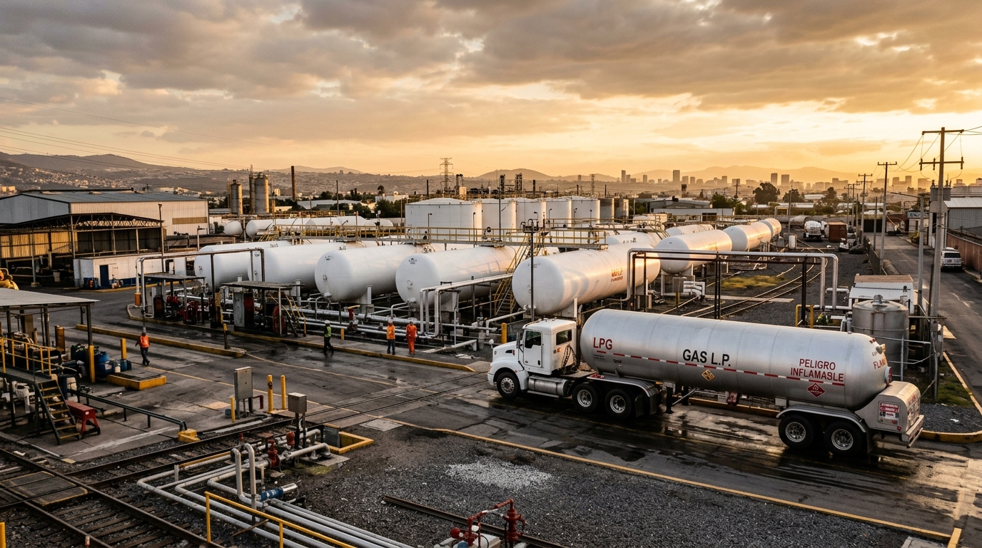 Autotanque de gas LP en planta de distribución bajo luz de amanecer