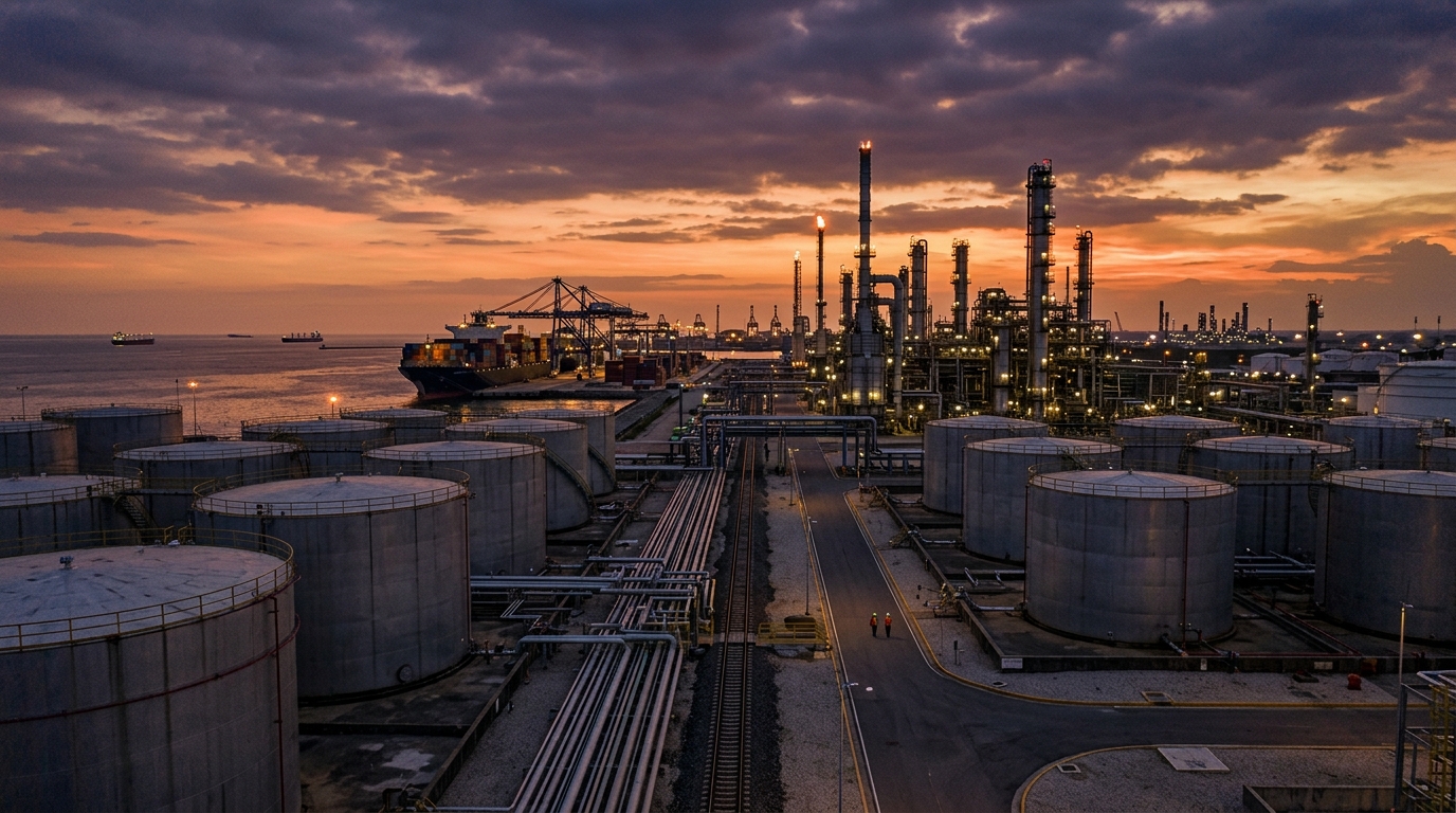 Tanques de almacenamiento de combustible en terminal portuaria, déficit de balanza petrolera en México