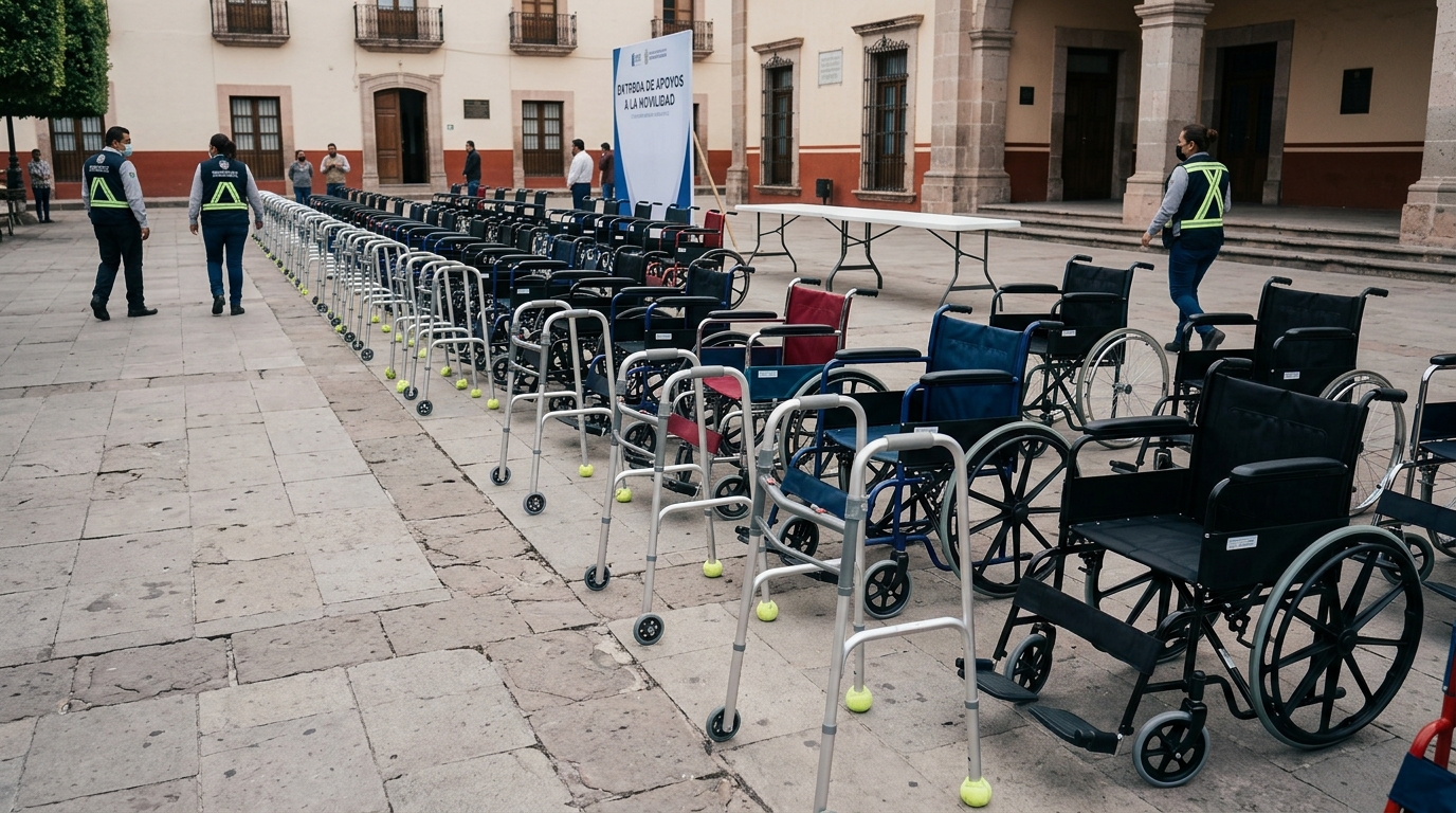 DIF Salamanca apoyos de movilidad: sillas de ruedas alineadas en patio municipal