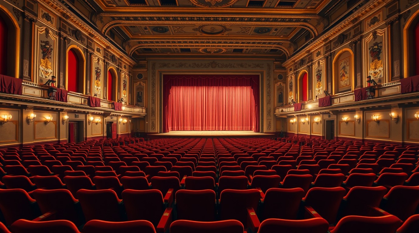 Sala de conciertos vacía con butacas rojas iluminada por luz cálida en México