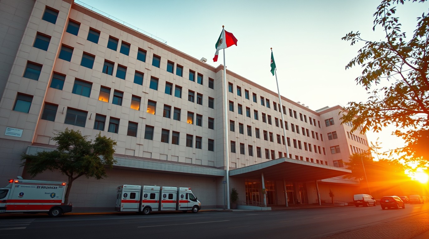 Fachada de hospital del IMSS con trabajadores de la salud en Paseo de la Reforma